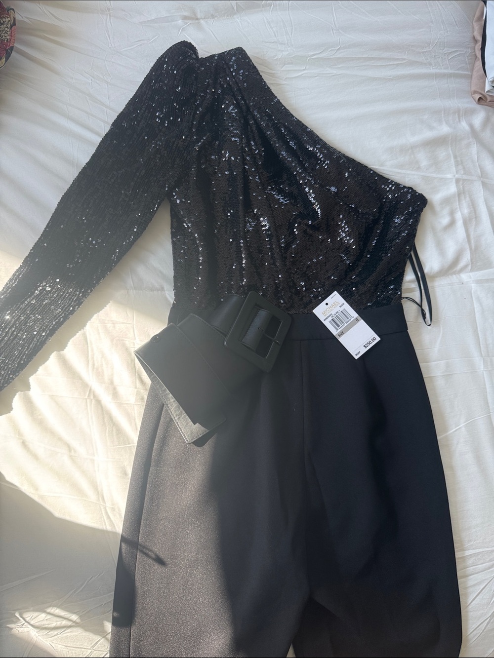 MICHAEL Michael Kors Black Sequin One-Shoulder Jumpsuit with Wide Belt